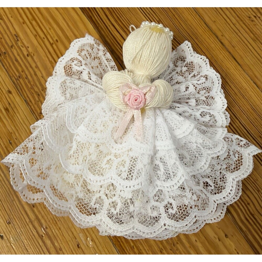 Vintage Handmade Angel Christmas Ornament 6" White Lace Yarn Holiday Décor